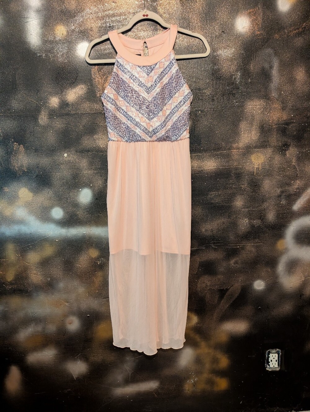 Iz Byer Pink High-Low Dress with Silver Sequin Bodice